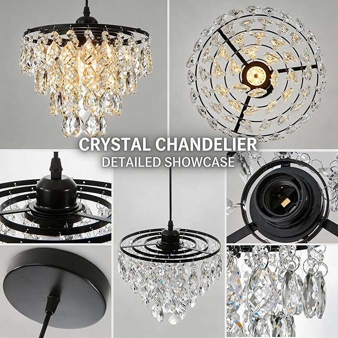 Mini Crystal Chandelier Small Modern Crystal Flush Mount Ceiling Light for Hallway Closet, E26 Base, K9 Crystal (Black-Pendant)