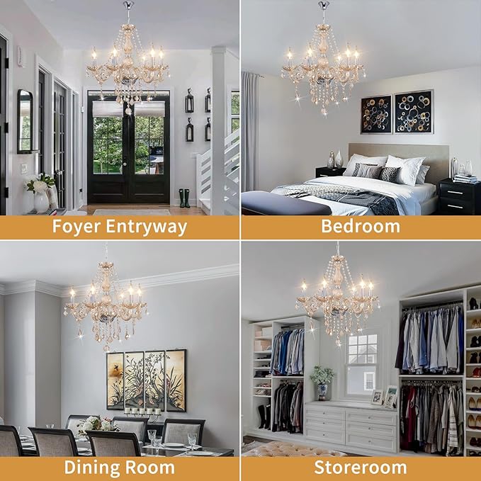 Crystal Chandeliers for Dining Room, 6-Lights Classic Cognac Pendant Light K9 Vintage Chandelier for Bedroom, Candle Ceiling Light Fixture Cognac Chandelier for Living Room Wedding Decor
