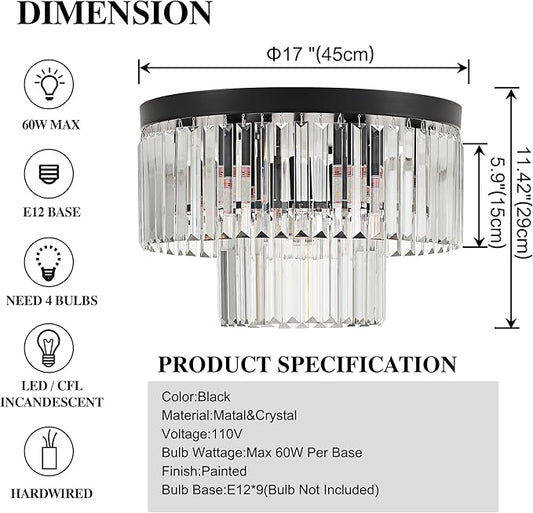 17" Black Crystal Ceiling Light 9-Light Modern Crystal Light Fixture 2-Tier Luxury K9 Crystal Ceiling Light,for Dining Room Kitchen Island Living Room Bedroom