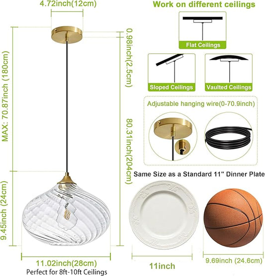 Glass Pendant Lights Kitchen Island, 11'' Brass Gold Pendant Lighting Fixtures, Modern Hanging Ceiling Light with Striped Clear Glass Shade for Farmhouse Dining Room Bedroom Hallway(1 Pack)