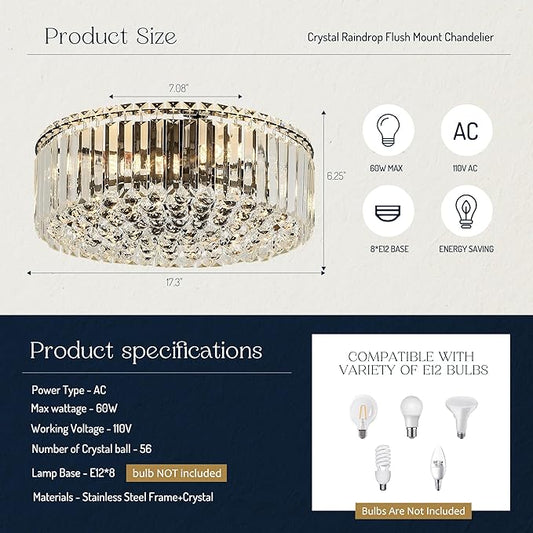 17.3" Black K9 Crystal Raindrop Flush Mount Ceiling Light, Modern Chandelier, Round Luxury Light Fixture for Dining Room, Bedroom, Hallway, Kitchen Island & Living Room