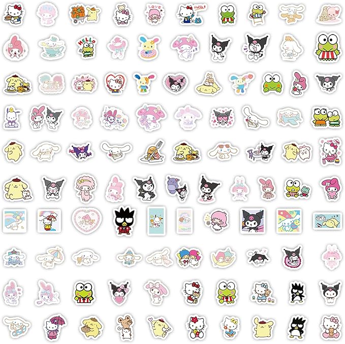 100Pcs Cartoon Kawaii Sanrio Stickers for Kids,Vinyl Waterproof Kuromi Kitty Melody Stickers for Water Bottle Laptop Computer Phone Luggage Skateboard Lunchbox Decals Gifts for Kids Teen Adults