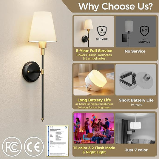 DORESshop Battery Operated Wall Sconce Set of 2, Wireless Wall Light Easy to Install, 7 Color Rechargeable Wall Sconces, Sconce Wall Decor Set of 2 for Bedroom, Living Room, Gold and Black, 24.6in