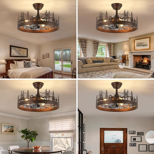 Farmhouse Rustic Ceiling Fan with Light, 21" Vintage Cage Ceiling Fans with Lights, Rustic Ceiling Fan for Living Room, Bedroom, Hallway, Entryway Lighting