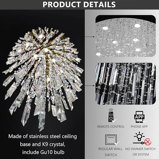 D32'' x H100'' Modern Crystal Chandelier High Ceiling Chandeliers for Entryway Glam Chandelier Large Raindrop Chandeliers LED Dimmable Light Fixtures for Staircaes Foyer Hallway Living Room Silver