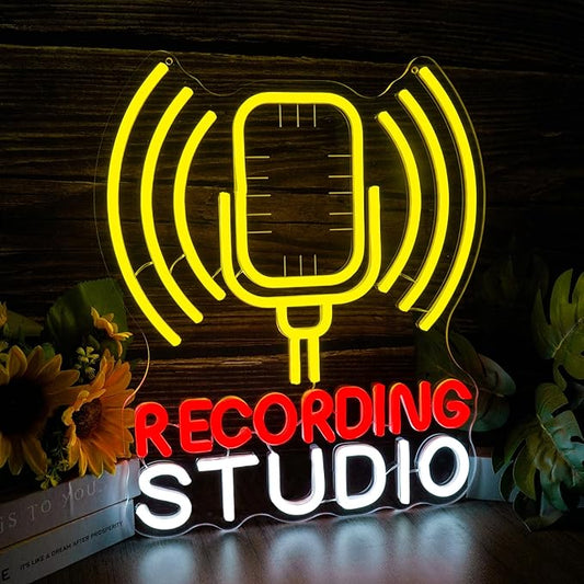 Recording Studio Neon Sign Microphone LED Light for Music Room Decor, Vintage Mic Wall Art for Home Studio Podcast Room, Singer Musician Gifts, Karaoke Bar Wall Decoration(12.2 * 14.5inch)
