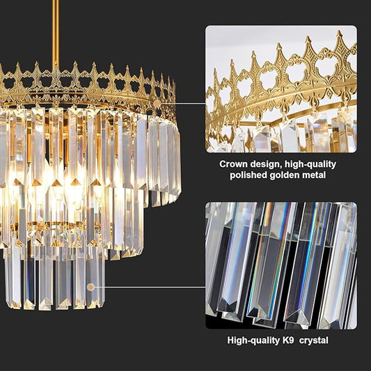 16'' Gold Crystal Chandelier,6-Light Modern Chandeliers for Dining Room,3-Tiers Round Metal Pendant Light Fixture for Kitchen Island Living Room Bedroom Entryway