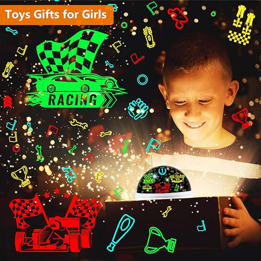 Kids Night Light Projector for Boys, Race Car & Star Dual Cover Projector Lamp, 360° Rotating Ceiling Light, Race Car Night Light for Bedroom, Birthday Gifts for Boys Age 3-7
