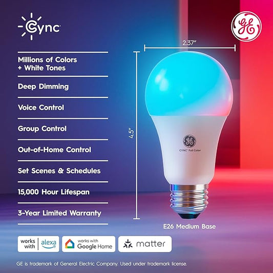 Cync GE A19 LED Smart Light Bulbs, Room Decor Aesthetic Bluetooth and WiFi Color Changing Lights, LED Indoor Light Bulb, Compatible with Alexa and Google (2 Pack)