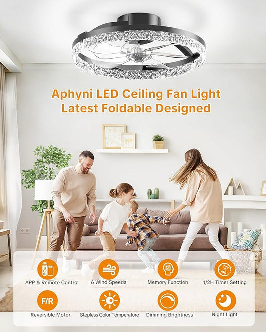 Ceiling Fans with Lights and Remote Low Profile Flush Mount LED Ceiling Fan with Lights 3000K-6500K Dimmable Foldable Fandelier Light 6 Wind Speeds Night Light for Bedroom Living Room Black