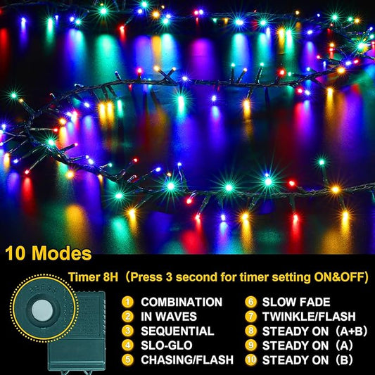 LAMPHOME 500 LED String Lights Outdoor, 16 Modes Plug-in Twinkle Fairy for Bedroom, 46ft 500LED Christmas Cluster Outdoor Waterproof - Multicolor