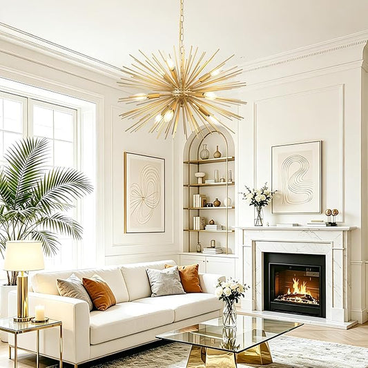 24" Modern Golden Sputnik Chandelier 9-Lights Mid-Century Modern Luxury Starburst Chandelier Gold Solid Metal Satellite Sputnik Chandeliers for Dining Room, Kitchen, Bedroom, Living Room