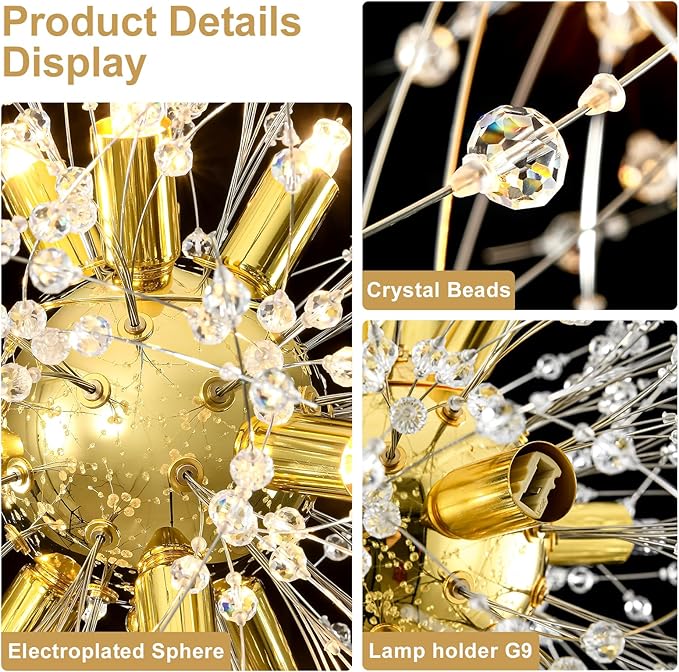 Yiisem Gold Crystal Chandeliers, 9-Light Modern Dandelion Firework Pendant Lighting, G9 Hanging Chandelier Light Fixtures for Dining Room Bedroom Hallway Kitchen Aisle
