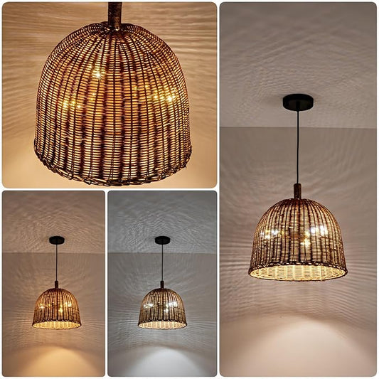 Rattan Pendant Light 13.8" Hand Weaving Wicker Dining Room Light 3-Light Boho Bracket Hanging Chandelier Fixture for Living Room Bedroom Kitchen Island Entry Hallway Farmhouse