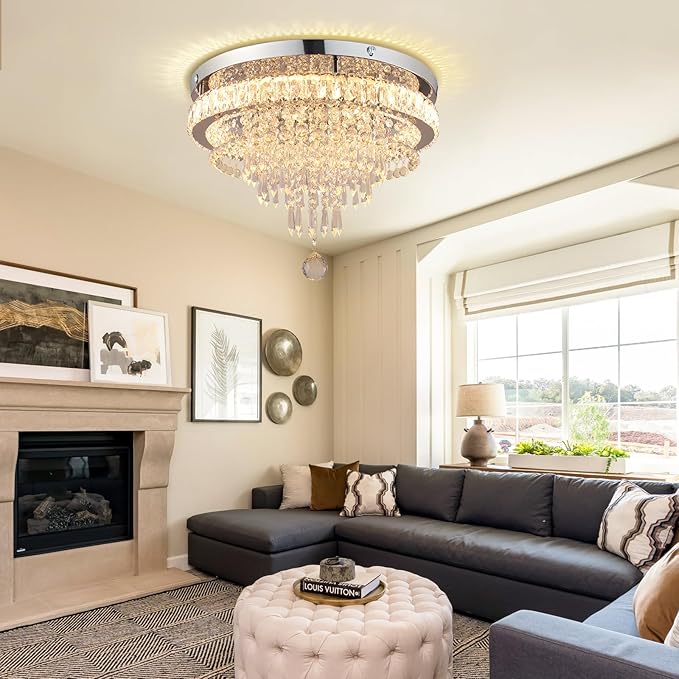 FRIXCHUR 19.7" Modern Crystal Chandelier Ceiling Light LED Chandeliers Flush Mount Ceiling Light Fixture for Bedrooms Living Dining Room Lights 2700K Warm White