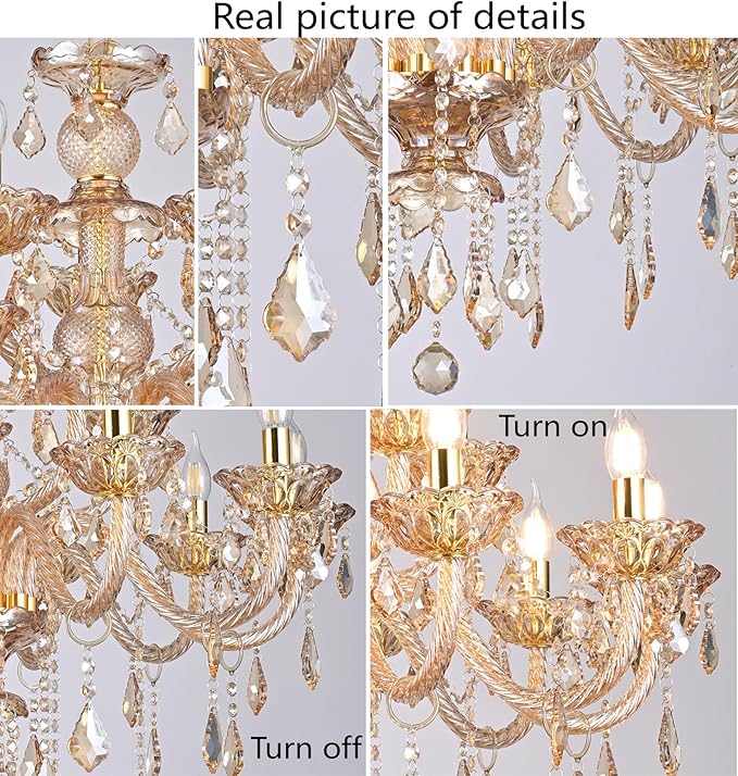 8-Light Amber Crystal Chandelier, K9 Crystal Modern Luxurious Crystal Candle Pendant Light, Luxury Crystal Ceiling Light Fixtures for Living Room, Kitchen, Dining Room (8 Lights)