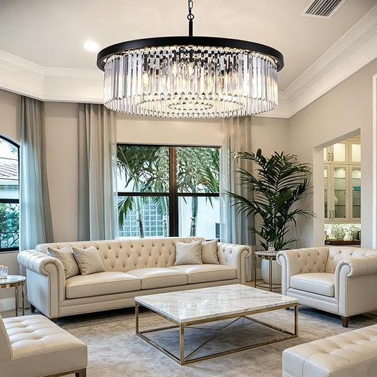 Wellmet Modern Black Crystal Chandelier, 33.5" Large 3-Tier Round Pendant Light with Adjustable Chain, 9-Light Luxury Crystal Ceiling Fixture for High Ceiling Foyer, Grand Living Room, Dining, Bedroom