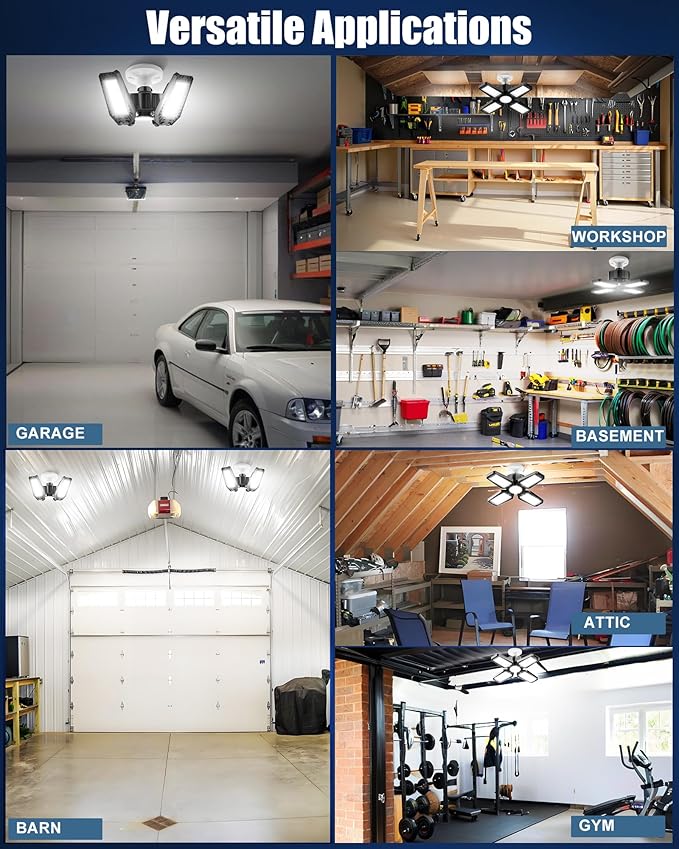 Garage Light, 120W 12000LM Bright Garage Lights Ceiling Led, 6500K Deformable Shop Lighting with 4 Adjustable Panel, Screw into E26/E27 Bulb Socket LED Lights for Workshop Basement Attic