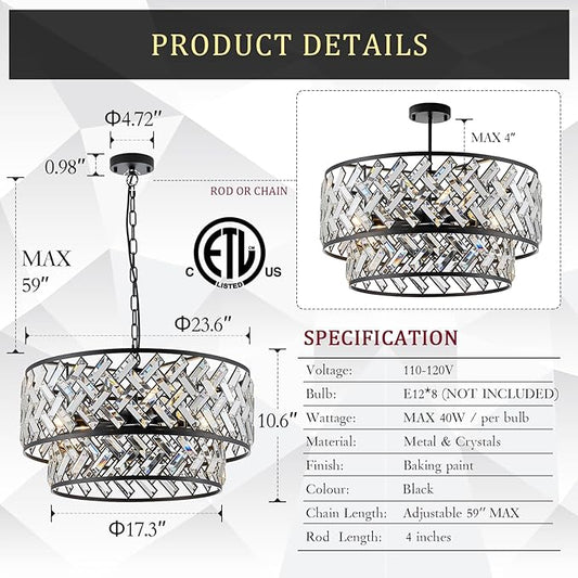 CATINER Black Crystal Chandelier, 8-Light Drum Semi Flush Mount Ceiling Light, 24'' Modern Crystal Pendant Chandelier for Dining Room, Living Room, Bedroom, Kitchen, Foyer