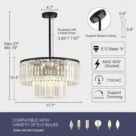 17.7" Black Semi Flush Mount 2-Tier Crystal Ceiling Light Fixtures for Dining Room Modern Luxury 8-Light Chandeliers Lighting for Bedroom Entryway Hallway Kitchen Island Living Room Foyer