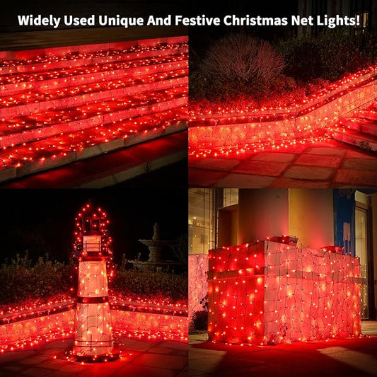 Dirnun Led Christmas Net Lights Red Outdoor Christmas Lights 160LED 5ftx7ft, Waterproof Outdoor Indoor Fairy Mesh Net Light for Xmas Party, Yard, Patio, Trees, Shrubs, Bushes Decorations