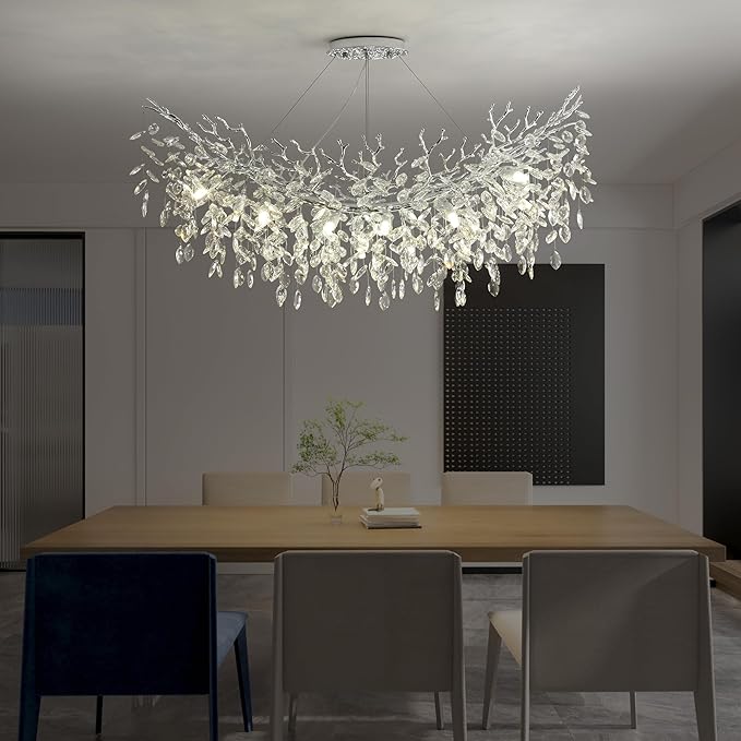 Rectangle Crystal Tree Branch Chandelier, L40'' Modern Luxury Chrome Linear Art Deco Raindrop Pendant Lighting Fixture for Kitchen Island Foyer Living Room Dining Room 10 Lights
