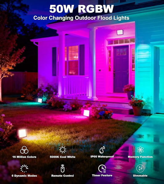 TigQiang 50W RGB Flood Light with Remote & 6.6Ft Cable, Halloween RGB Floodlight, IP66 Waterproof Color Changing Christmas Light, 5000K White LED Floodlight, Outdoor, Uplights for Events, 4 Pack