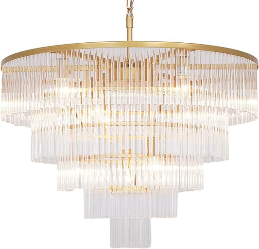 Modern Multi-Tier Crystal Chandelier 5-Tier Round Gold Finish Ceiling Light -Cylindrical Glass Rods -Dining Room Living Room Bedroom Entryway -Luxury Lighting Fixture 27.5''
