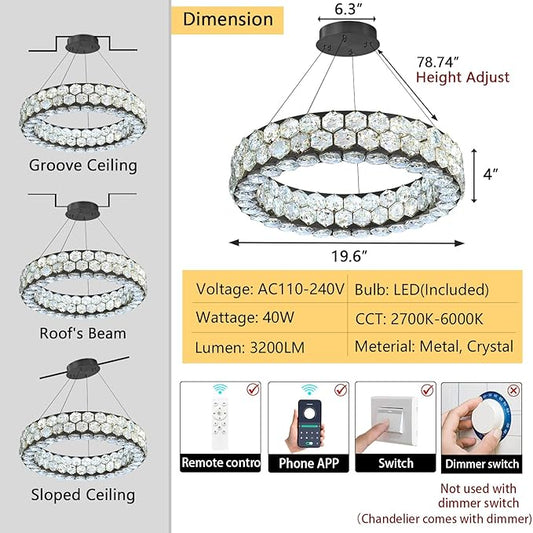 Modern Crystal Chandelier Ring Chandeliers for Dining Room Living Room Round LED Dimmable Ceiling Light Fixture for Bedroom Hallway Foyer Black