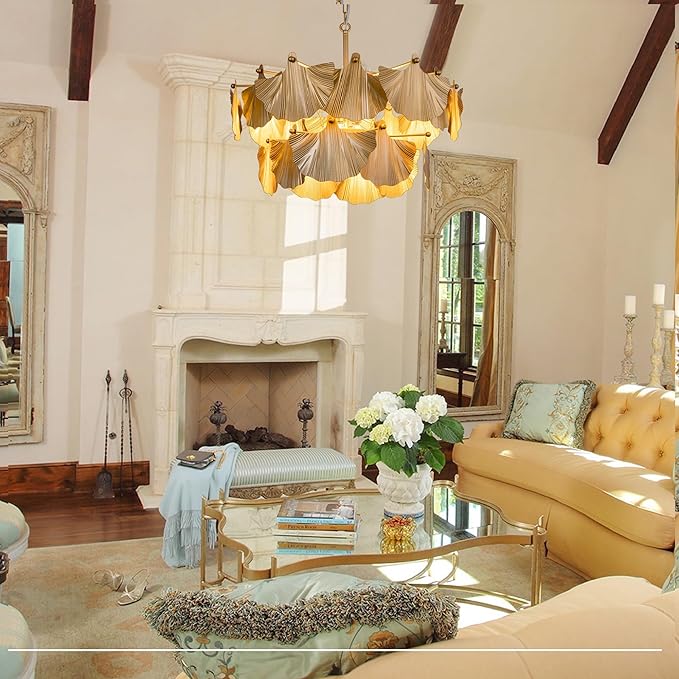 TOCHIC Gold Vintage Chandelier, 8 Lights Rustic Chandeliers for Dining Room, Modern Farmhouse Chandelier with Ginkgo Leaves, Ceiling Light Fixture for Living Room Bedroom Entryway W-25.98"