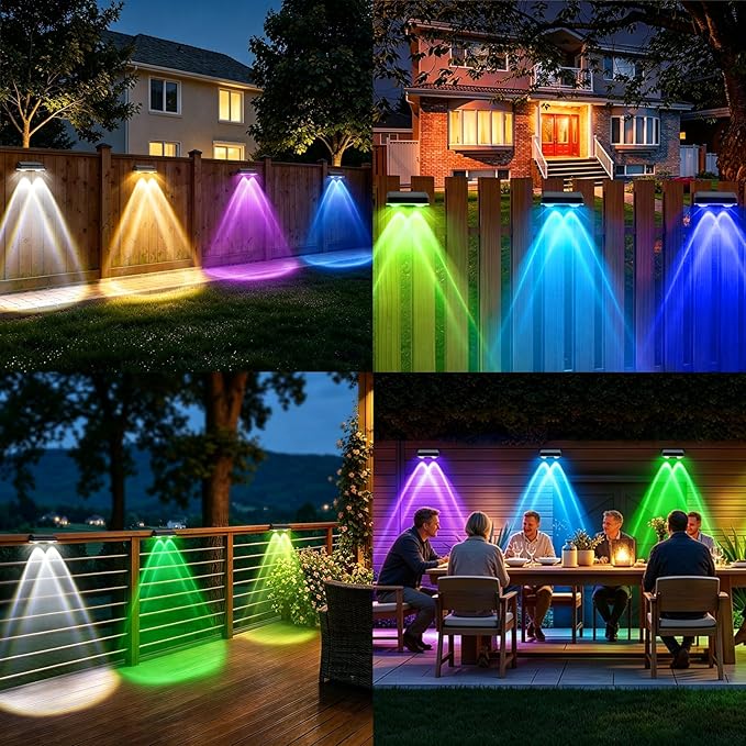 echosari 8 Pack Solar Fence Lights Outdoor Waterproof, Solar Wall Lights Color Changing 100 Lumen Ultra Bright Auto ON/Off for Backyard Patio Railing Porch (3000K-6500K & RGB)