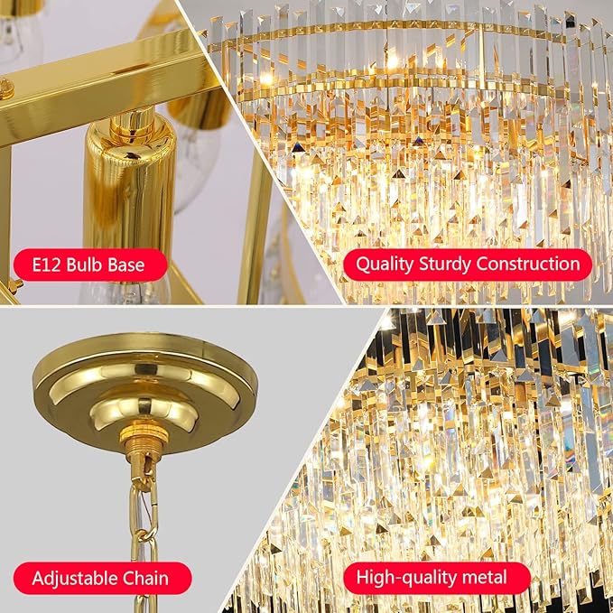 Gold Copper Crystal Chandelier Lighting 39'' for Dining Rooms Bedroom Foyer Entryway Ceiling Hanging Pendant Chandelier Light Fixture Lamp