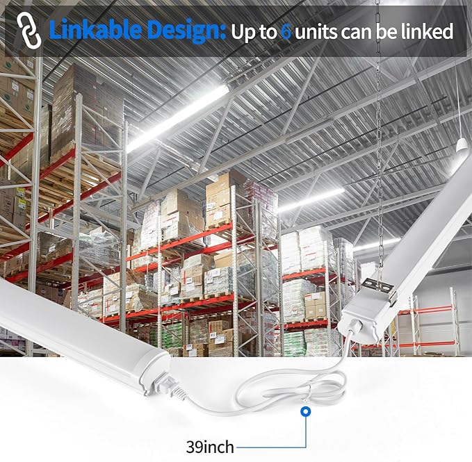 4FT Linkable 60W LED Shop Lights with Socket 3000K 4000K 6000K 6000LM for Garages Shop, Linear Work Light Fixture Hanging or FlushMount with Plug, ETL 4 Pack
