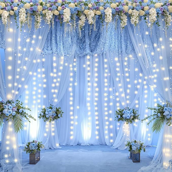 Baby Blue Sheer Tulle Backdrop Curtains with Lights String for Baby Shower Party Wrinkle Free Curtain Backdrops Drapes for Wedding Birthday Party Photo Back Drop Background Home Decorations 10ft x 8ft