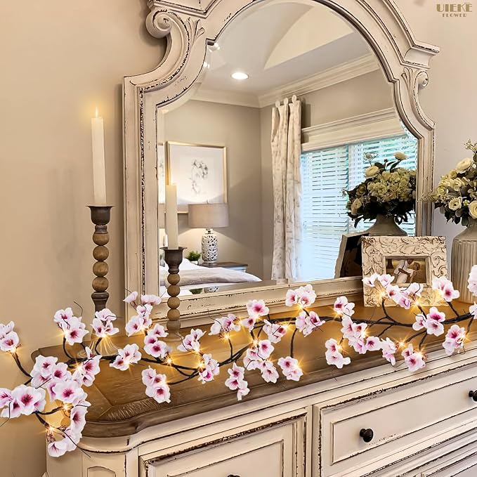 Uieke Lighted Cherry Blossom Garland with Timer 48 LED Fairy Lights 6FT for Mantle, Artificial Flower Vines with Lights 8 Modes Battery Operated Home Fireplace Wedding Party Room Decor