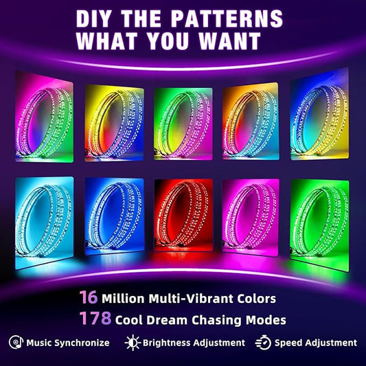Tavaray 4PCS 17" RGB LED Wheel Ring Lights with APP & Remote Control, 178+DIY Dynamic Modes w/Turn Signal Braking and Reverse Function, IP67 Waterproof Wheel Lights for Trucks Pickups Cars Offroad