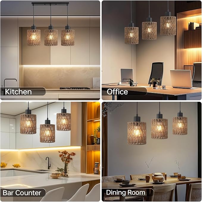 FIRVRE 3 Light Pendant Lighting, Farmhouse Boho Hanging Light Fixture for Kitchen Island & Dining Room, Industrial Vintage Ceiling Lamp with E26 Base, Adjustable Height, Rattan Pendant Light