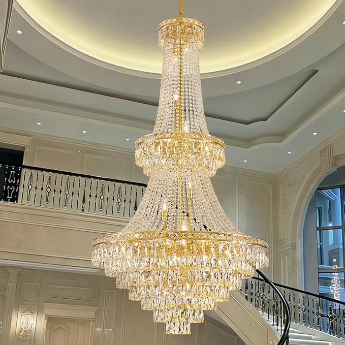 26 Lights Gold Luxury Crystal Chandeliers Large Modern Chandelier for High Ceilings Crystal Pendant Light Fixture Foyer Staircase Hallway Entryway Banquet Hall Lobby 63" H x 30.7" D