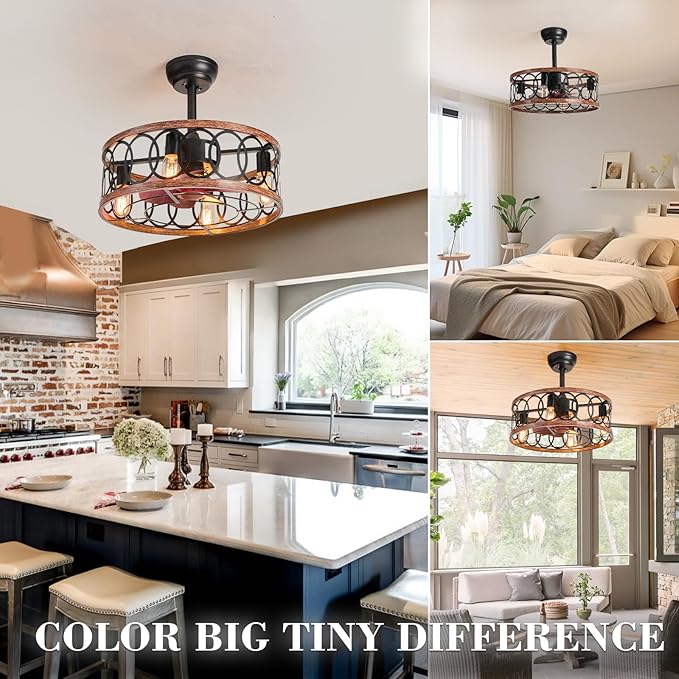 19" Industrial Caged Ceiling Fans with Light 4-Lights Farmhouse Flush Mount Fandelier Walnut Wood Metal Chandelier Fan Remote 6 Wind Speed Reversible for Bedroom Dining/Living Room Kitchen Entry