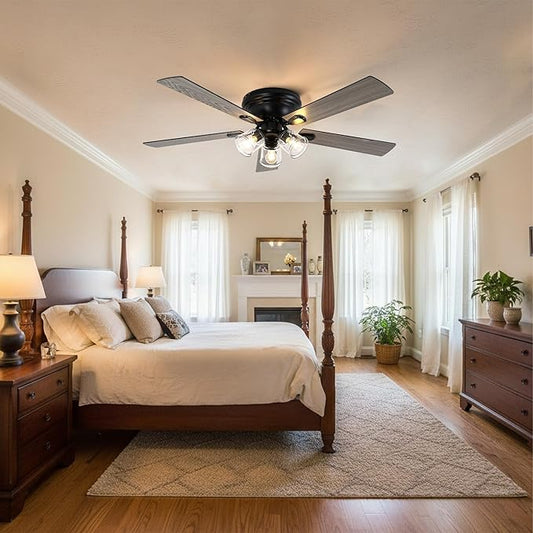 52" Flush Mount Ceiling Fan with Lights and Remote Control,Industrial Farmhouse Ceiling Fan,Reversible Quiet Motor,5 Wood Blades,3 Clear Glass Lights for Bedroom Living Room Kitchen