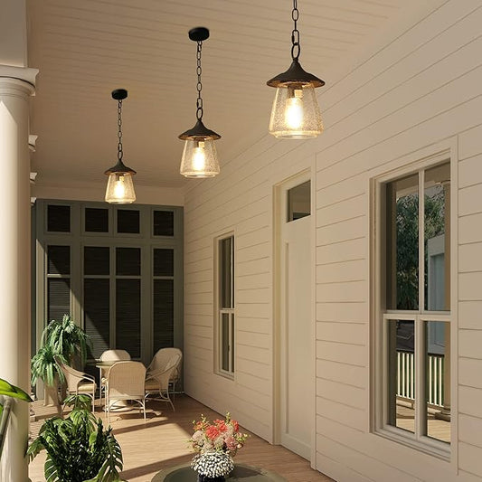 LOG BARN Outdoor Pendant Lights, Porch Fixture in Painted Black Metal with Clear Bubbled Glass Globe, Hanging Lantern Lamp for Gazebo, Entry, Yard