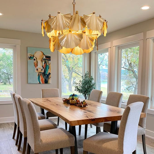 TOCHIC Gold Vintage Chandelier, 8 Lights Rustic Chandeliers for Dining Room, Modern Farmhouse Chandelier with Ginkgo Leaves, Ceiling Light Fixture for Living Room Bedroom Entryway W-25.98"
