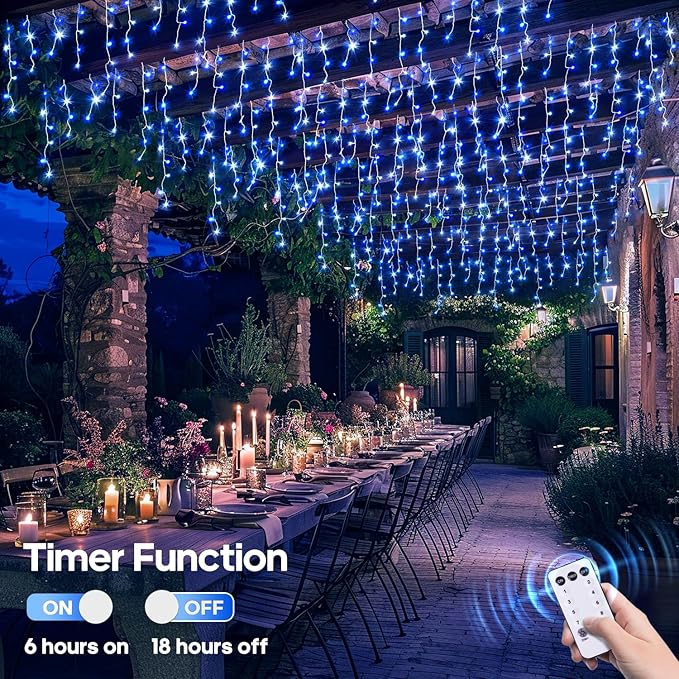 JMEXSUSS Blue&White Icicle Lights - 38.8FT 400 LED Icicle String Lights with Remote for Indoor/Outdoor, House, Bedroom, Fireplace, Birthday, Christmas Decorations