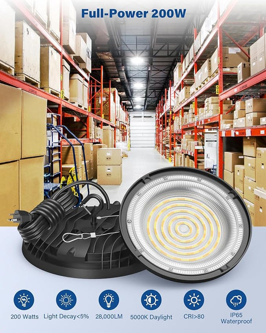 2 Pack 200W UFO LED High Bay Light, Adjustable Wattage 200W/150W/100W, 3-Color Temperature (3500K/5000K/6500K), 28,000LM, AC100-277V, Dimmable LED Shop Lights Fixture for Warehouse, Garage, Factory