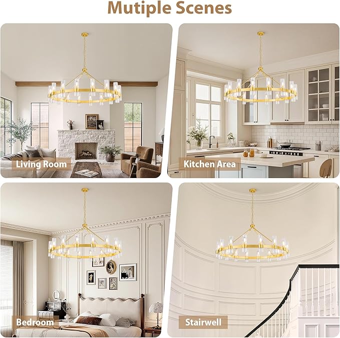 48 Inch Gold Chandelier, Wagon Wheel Chandelier with Glass Shade, 16-Lights Large Round Modern Farmhouse High Ceiling Pendant Lighting Fixtures for Dining Living Room, Kitchen Island, Foyer