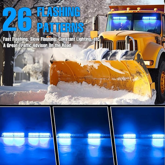 2-in-1 Blue LED Warning Dash Windshield Strobe Lights, 26 Modes 12/24V Emergency Traffic Advisor 2 x 8.4 Inch Car Front/Rear Dash Windshield Strobe for Trucks Vehicles Snow Plow