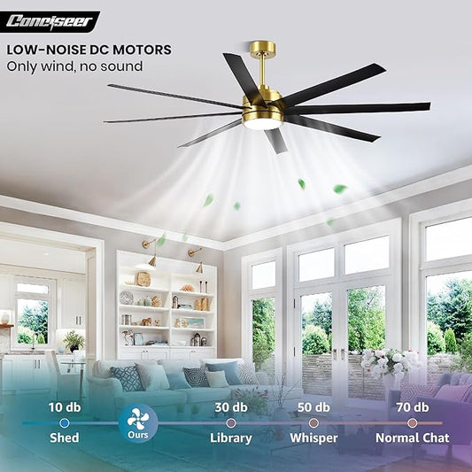 Conciseer 65 Inch Ceiling Fans with Lights and Remote for Bedroom Living Room Kitchen Office, Indoor/Outdoor Use, 6CCT, 8 Blades 6 Speed Reversible Dimmable Quiet DC Motor, Gold/Black