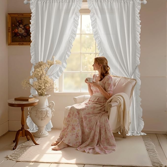 StangH Victorian Romantic White Curtains with Ruffle, Privacy Protect Light Filtering Drapes, Faux Silk Ideal for Countryside Bedroom/Girls Room/Party Backdrops, W50 x L95, 2 Panels