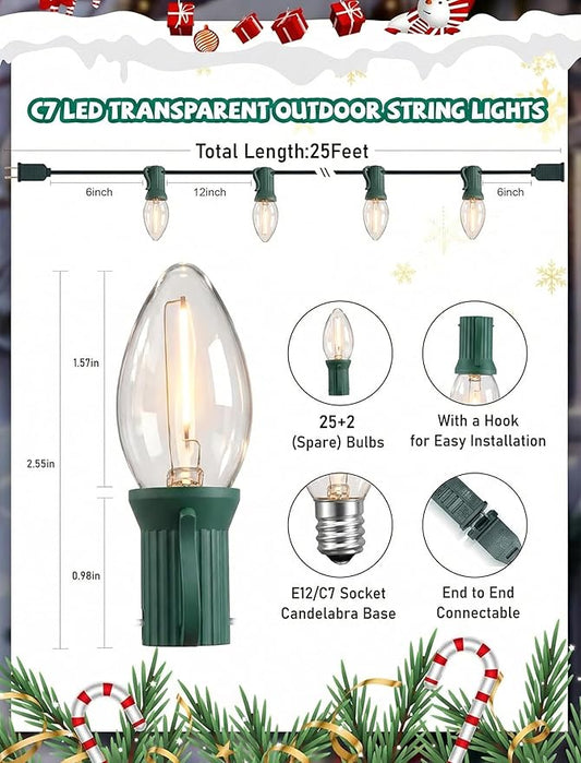C7 LED Christmas Lights, 25Ft Vintage C7 Christmas Lights with 27 LED Clear Bulbs, Hanging Connectable String Light for Patio Garden Holiday Home Xmas Decor