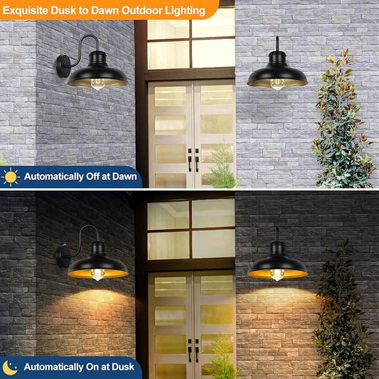 TOBUSA 2-Pack Dusk to Dawn Outdoor Wall Light Fixtures, Waterproof Farmhouse Outside Gooseneck Barn Lights, 11.5'' Black & Golden Exterior Wall Sconces for House, Porch, Garage